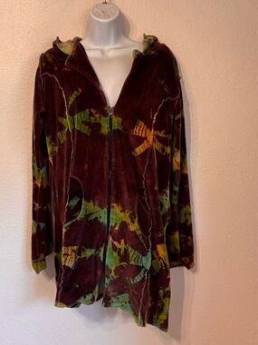 Kathmandu Imports Boho Tie Dye Asymmetrical Velour Zip Hoodie Large